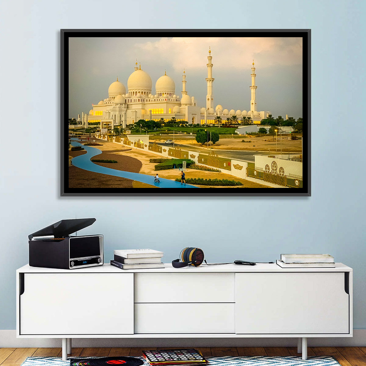 Sheikh Zayed Grand Mosque at Golden Dusk Wall Art in a room, landscape