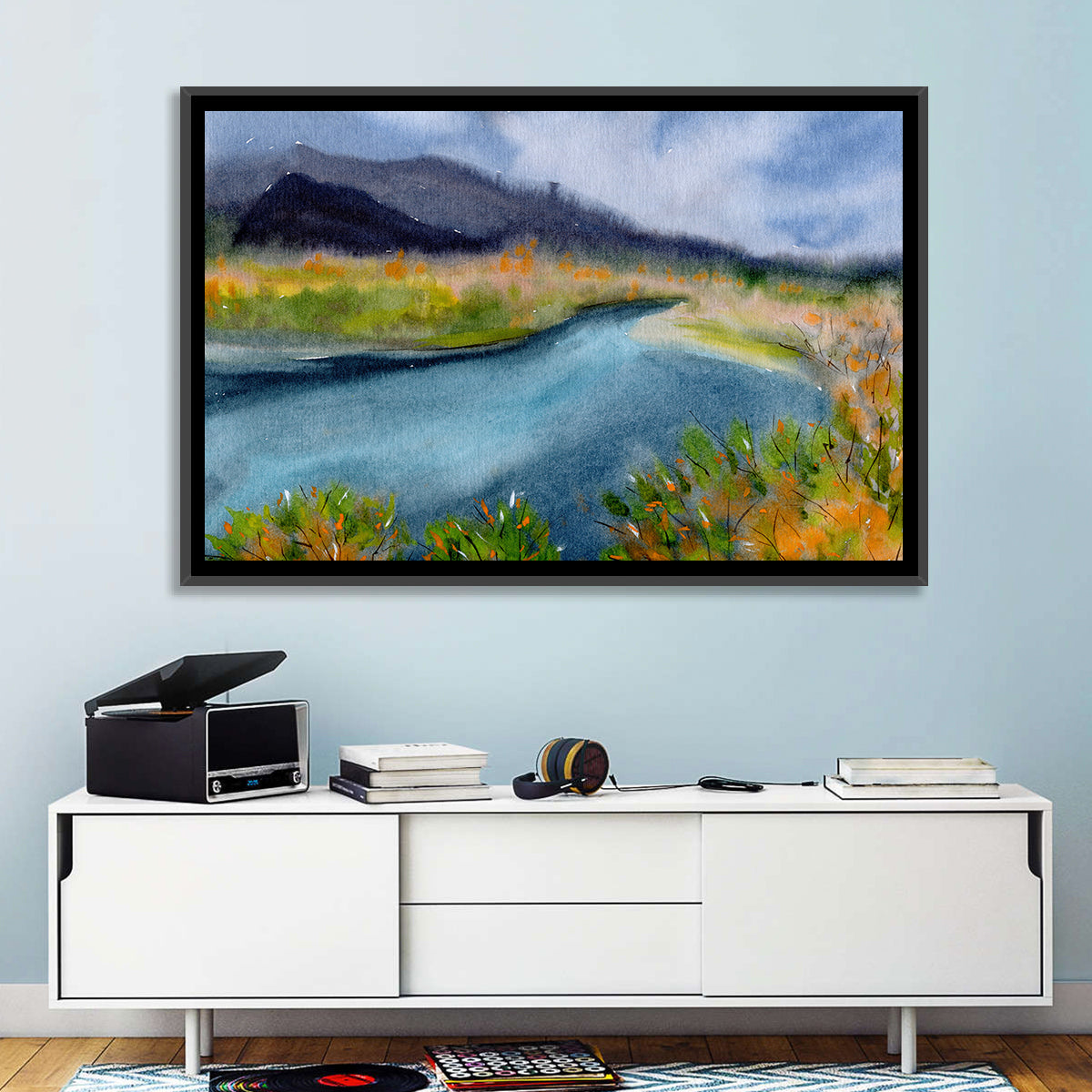 Misty Autumn River and Mountain Landscape Wall Art