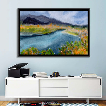Misty Autumn River and Mountain Landscape Wall Art