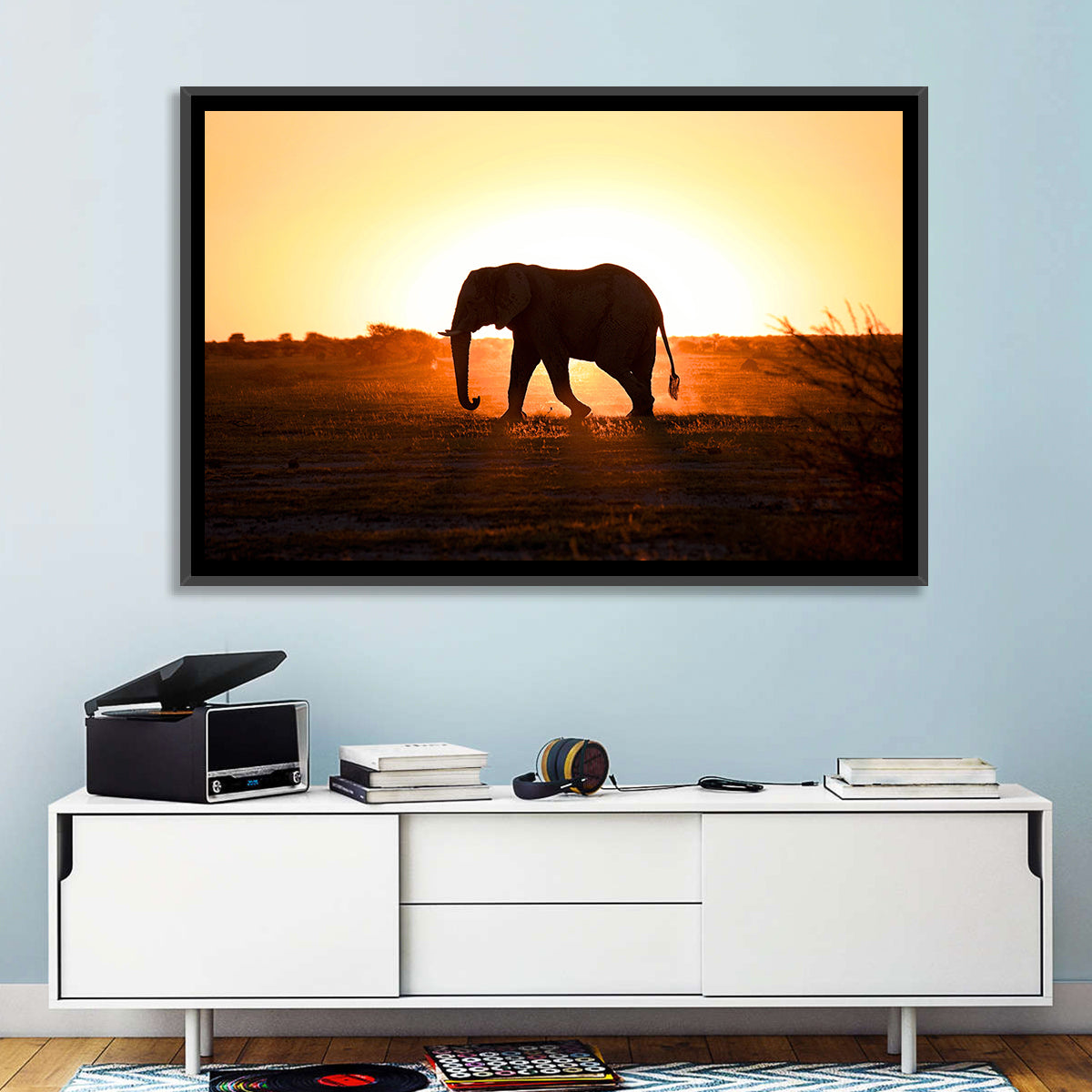 Golden Hour Elephant Silhouette Wall Art in a room, landscape