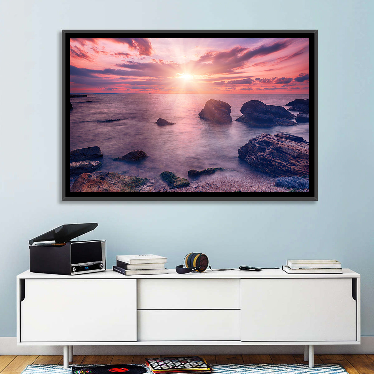 Ethereal Sea Sunrise Wall Art in a room, landscape