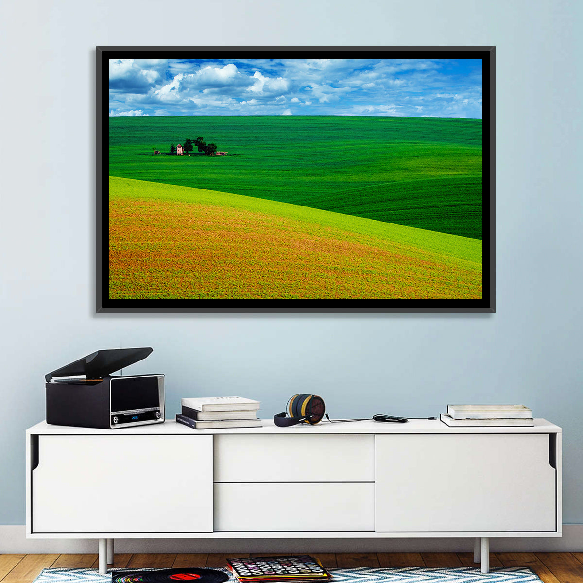 Golden Field and Green Hillside Wall Art in a room, landscape