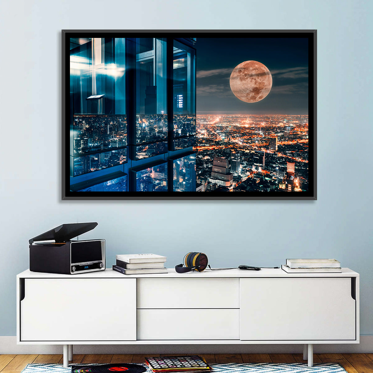 Bangkok Moonlit Skyline Wall Art in a room, landscape