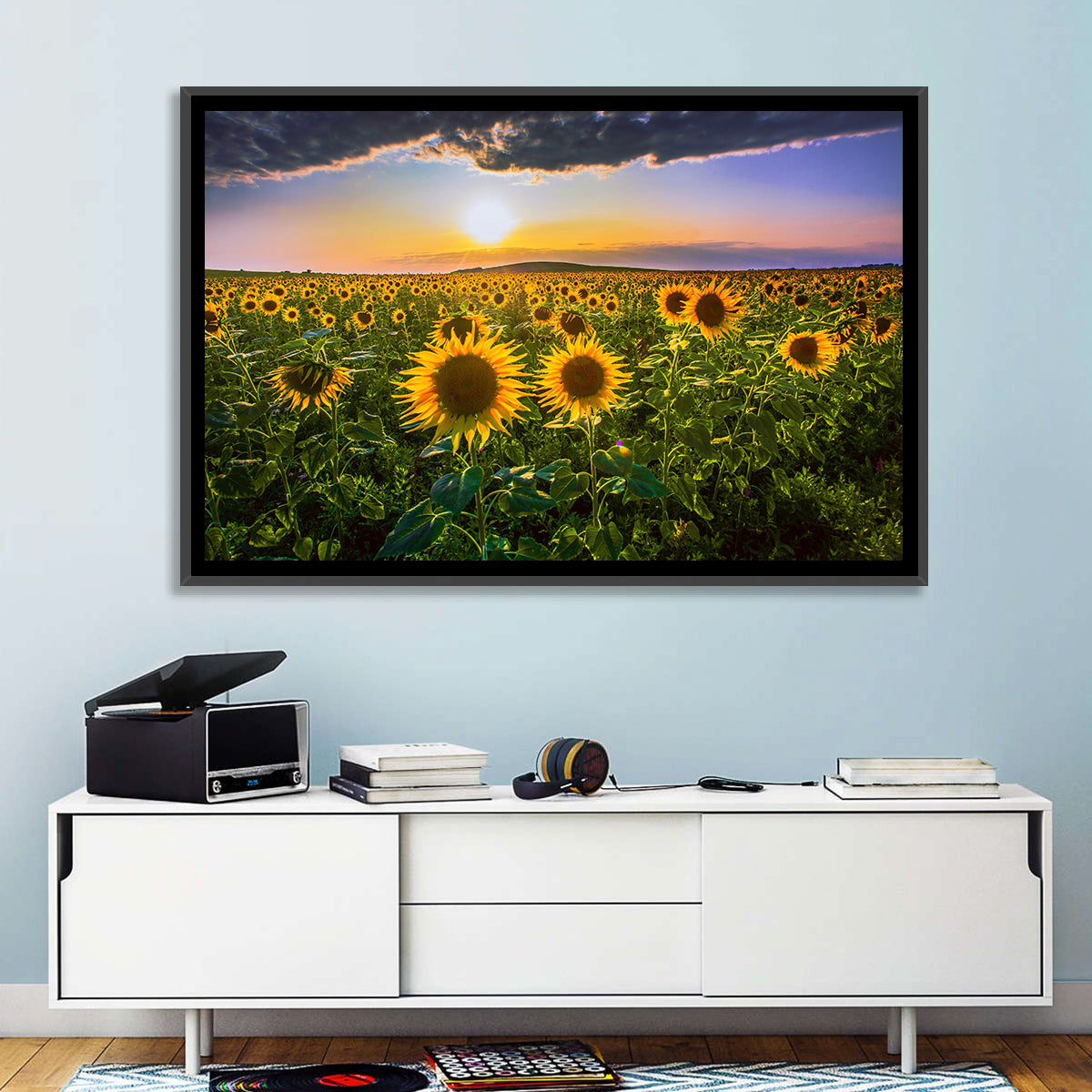 Sunflower Field at Golden Hour Wall Art in a room, landscape