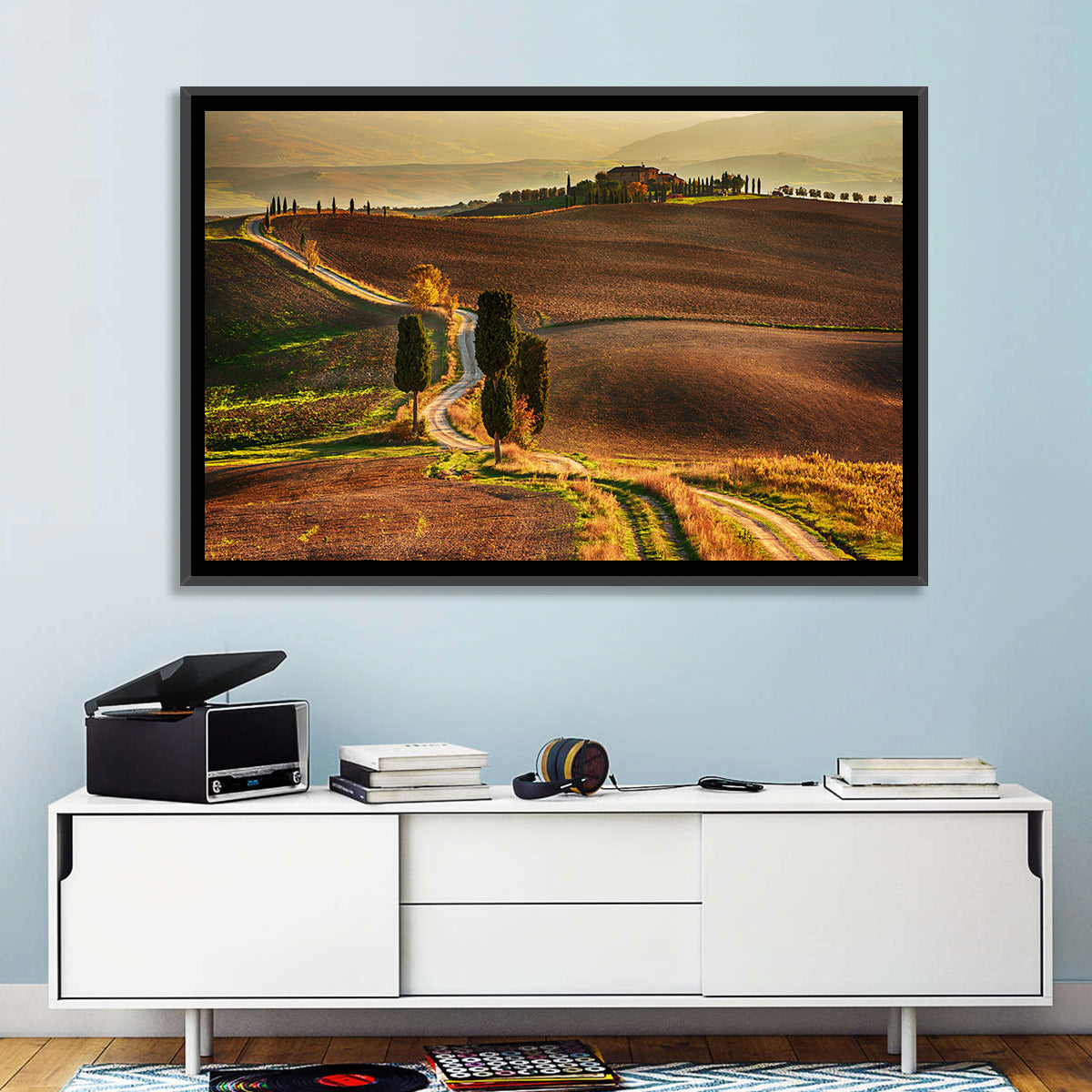 Val D’orcia Winding Golden Road Wall Art in a room, landscape