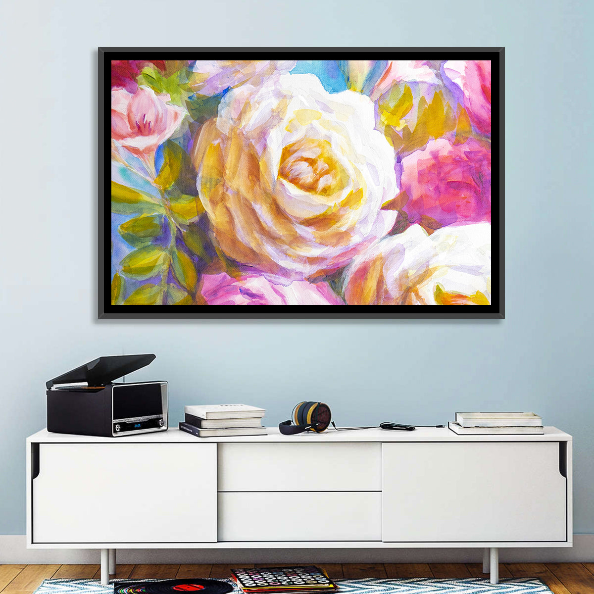 White and Gold Rose Bouquet Wall Art in a room, landscape