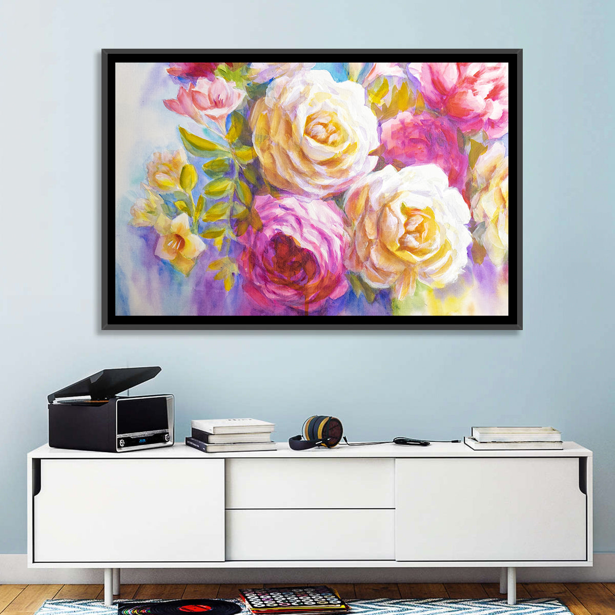 Layered Watercolor Rose Bouquet Wall Art in a room, landscape