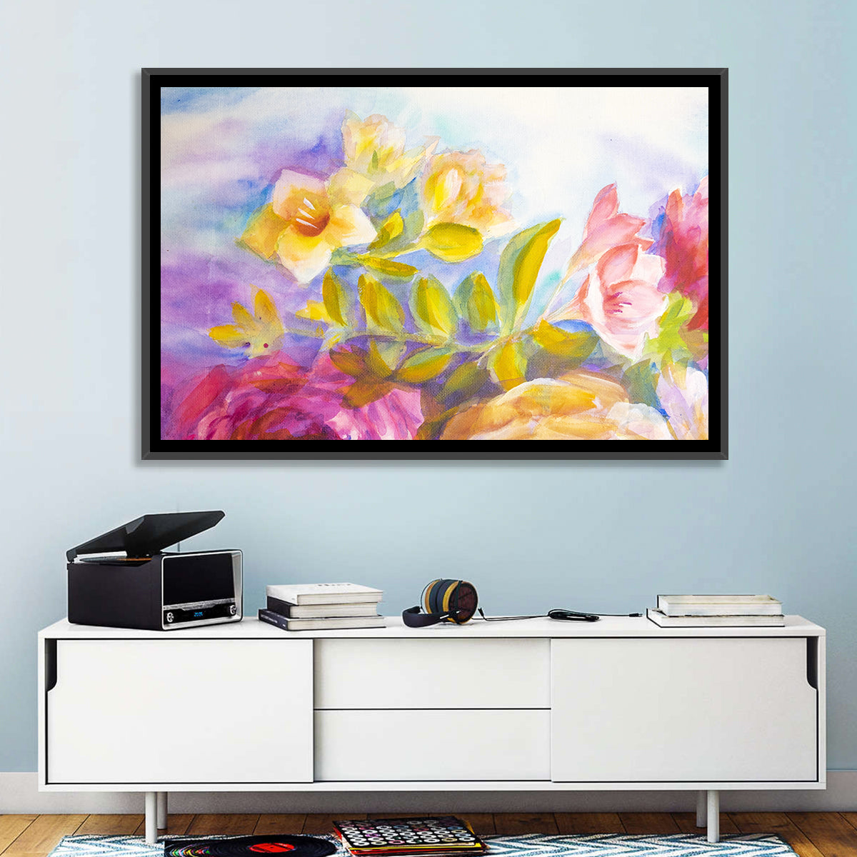 Pink and Yellow Watercolor Blossoms Wall Art in a room, landscape