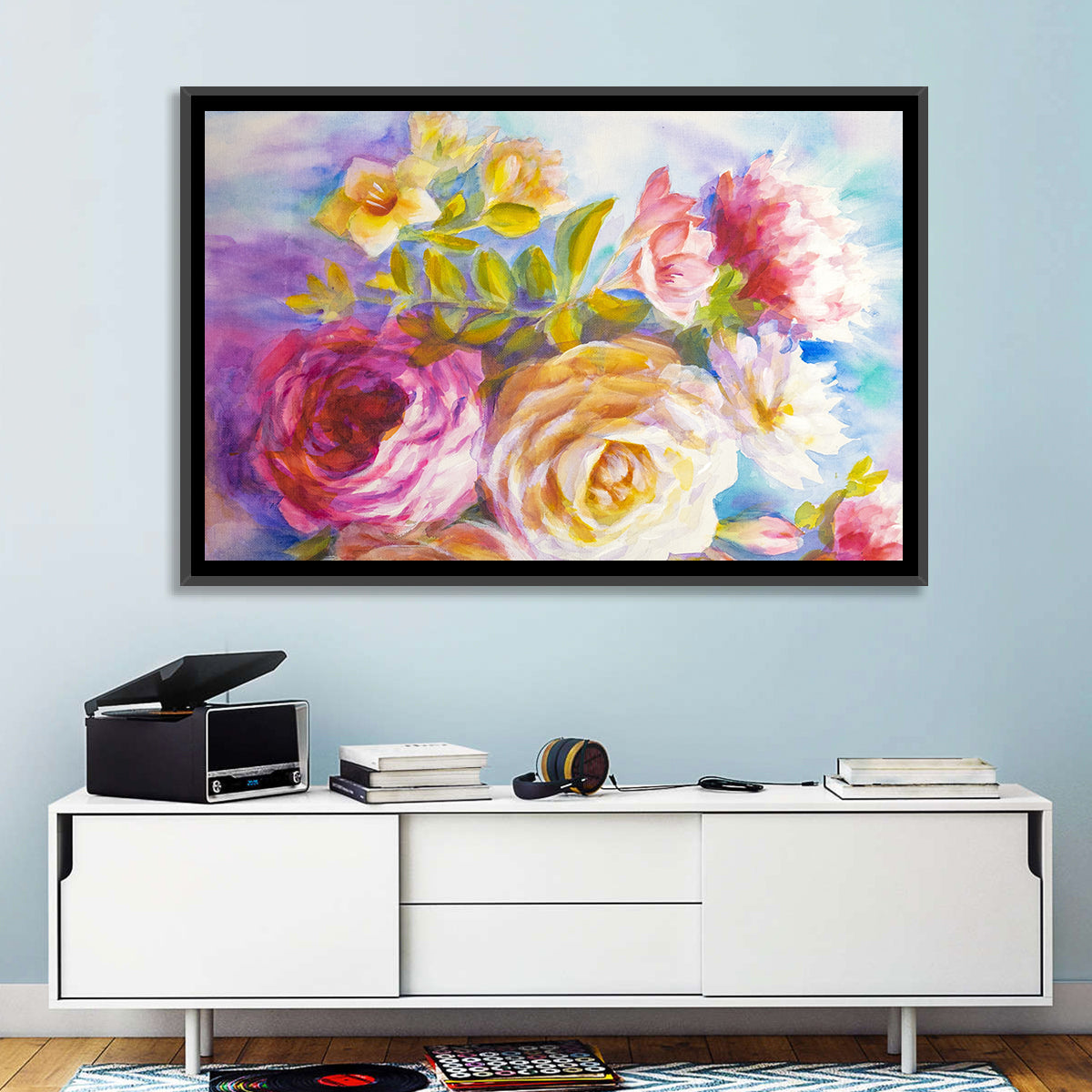 Painterly Peonies and Rose Bouquet Wall Art in a room, landscape