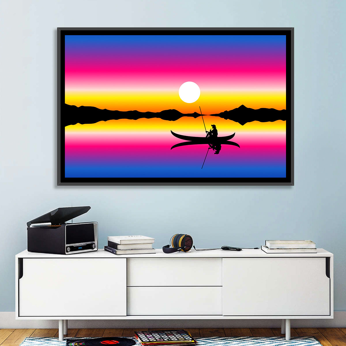 Fisherman Silhouette at Sunset Wall Art in a room, landscape