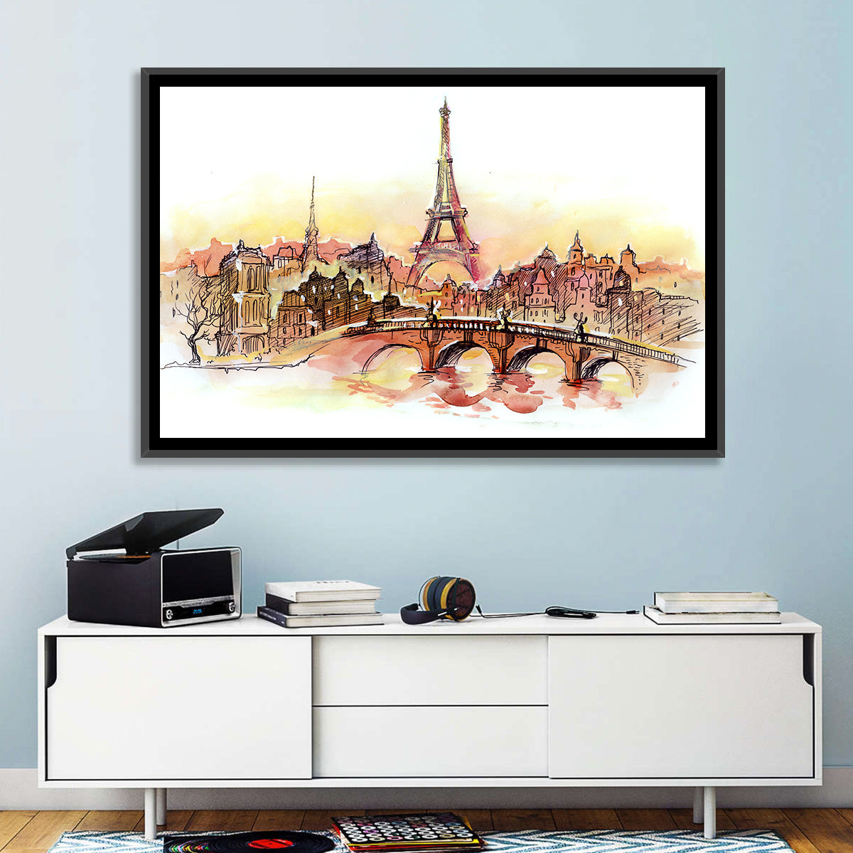 Eiffel Tower Watercolor at Dusk Wall Art in a room, landscape