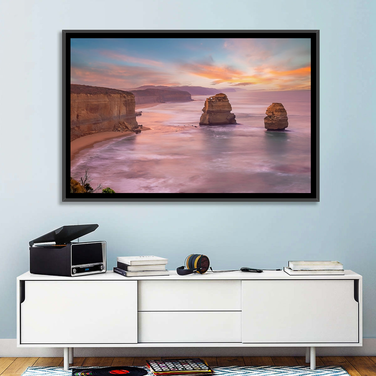 Twelve Apostles Sunset Sea Stacks Wall Art in a room, landscape