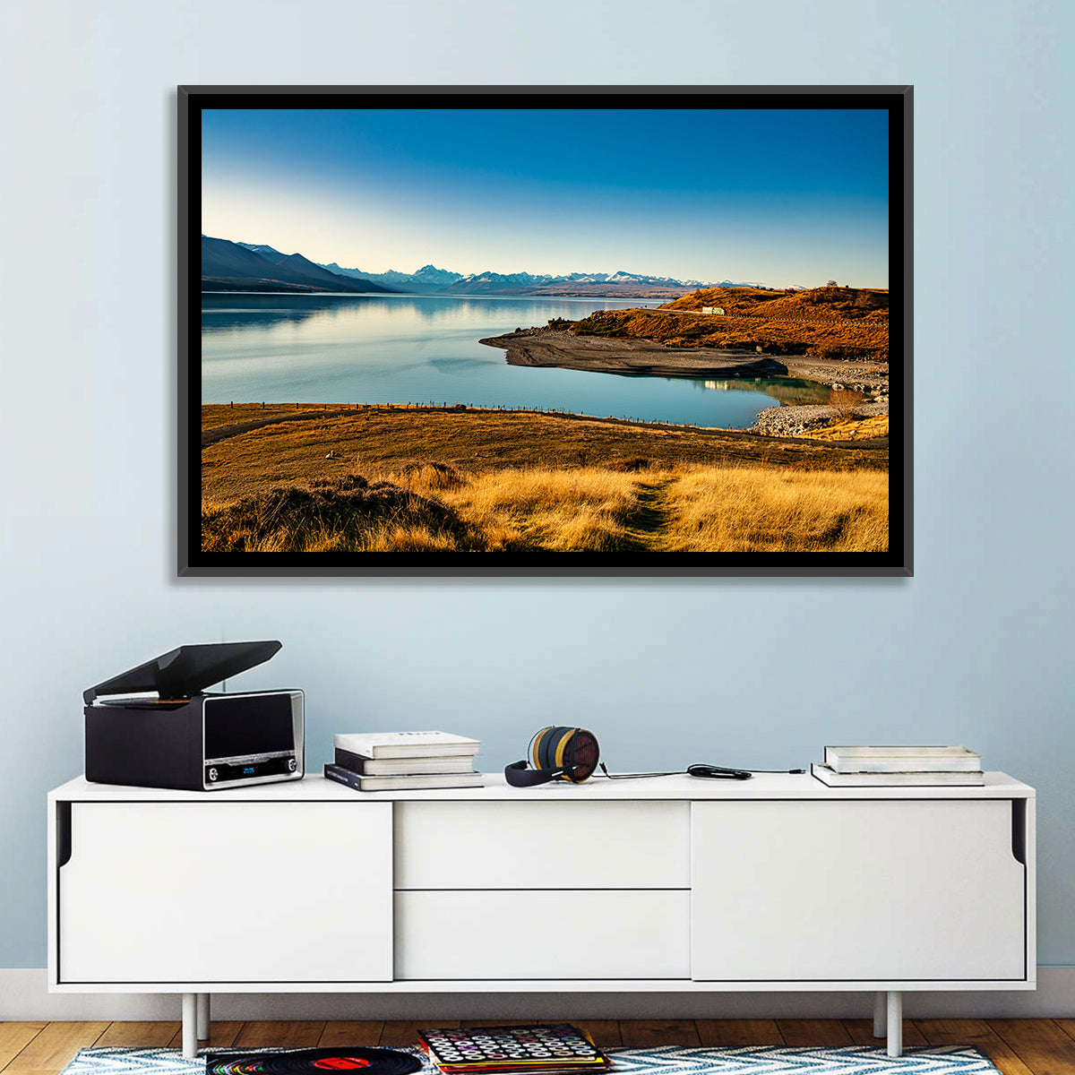 Lake Pukaki Golden Hour with Mount Cook Wall Art in a room, landscape