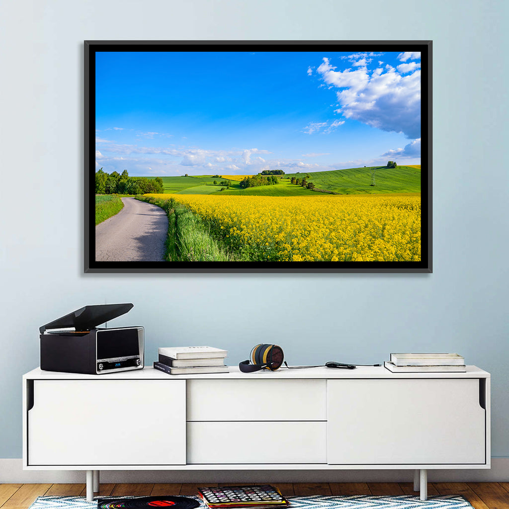 Rapeseed Field Road Under Blue Sky Wall Art