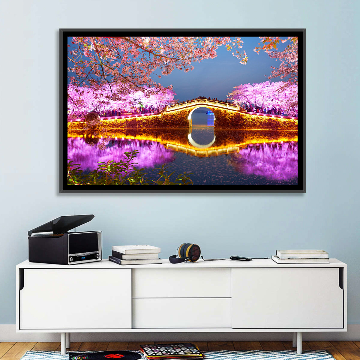 Illuminated Cherry Blossom Bridge Wall Art