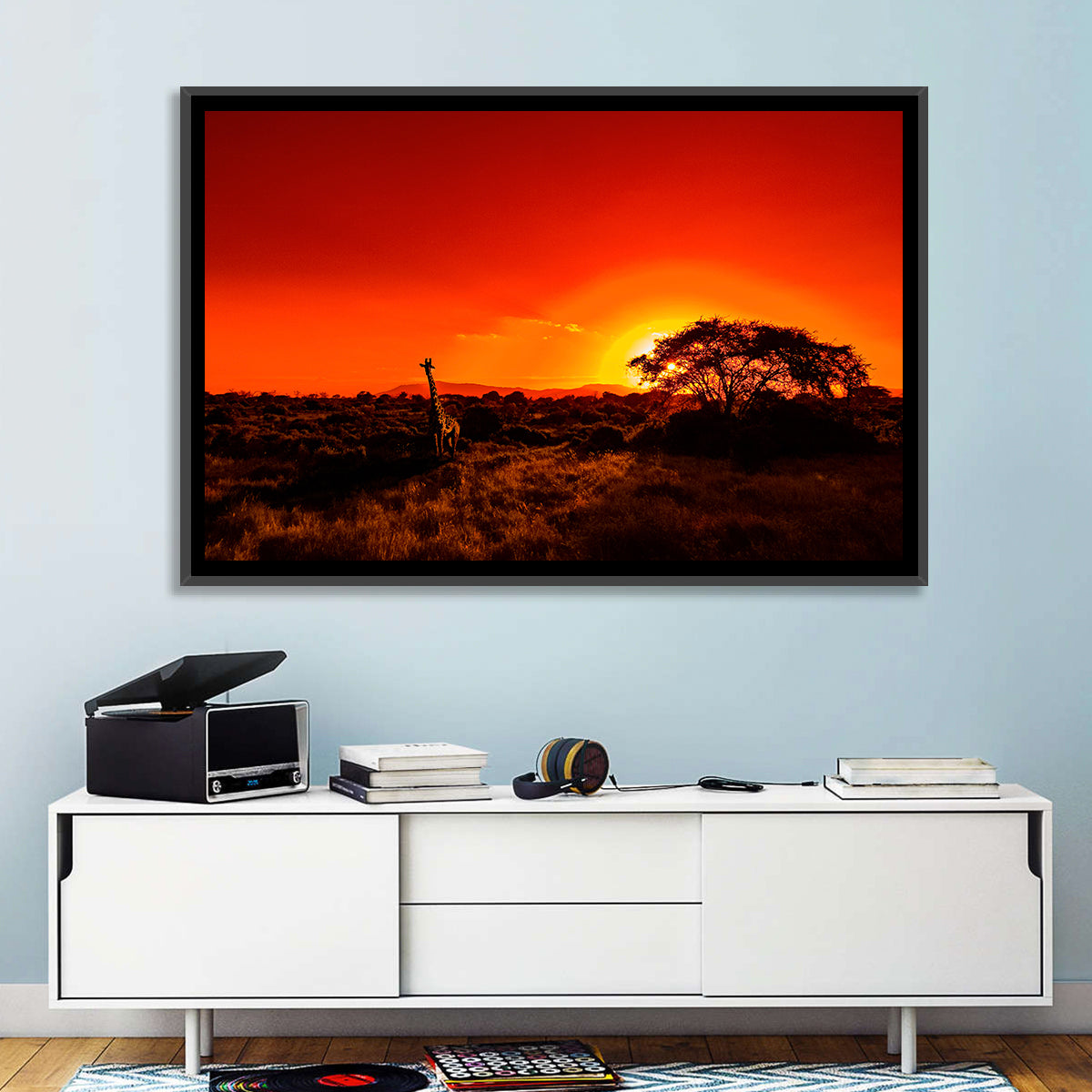Savanna Sunset with Giraffe Wall Art in a room, landscape