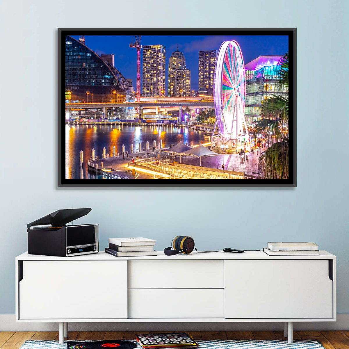 Darling Harbour Nightscape Wall Art in a room, landscape