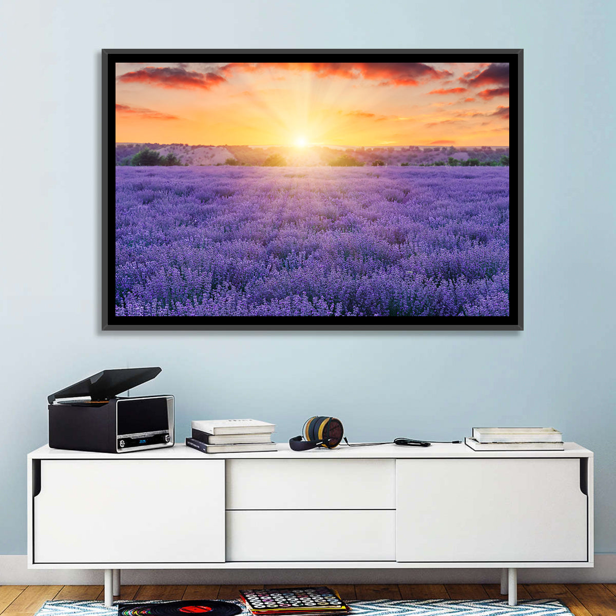 Lavender Field Sunburst Wall Art in a room, landscape