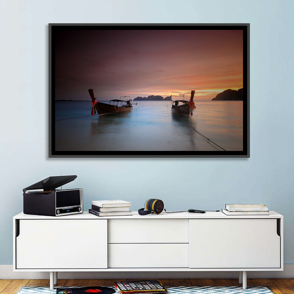 Phi Phi Longtail Boats at Golden Hour Wall Art in a room, landscape