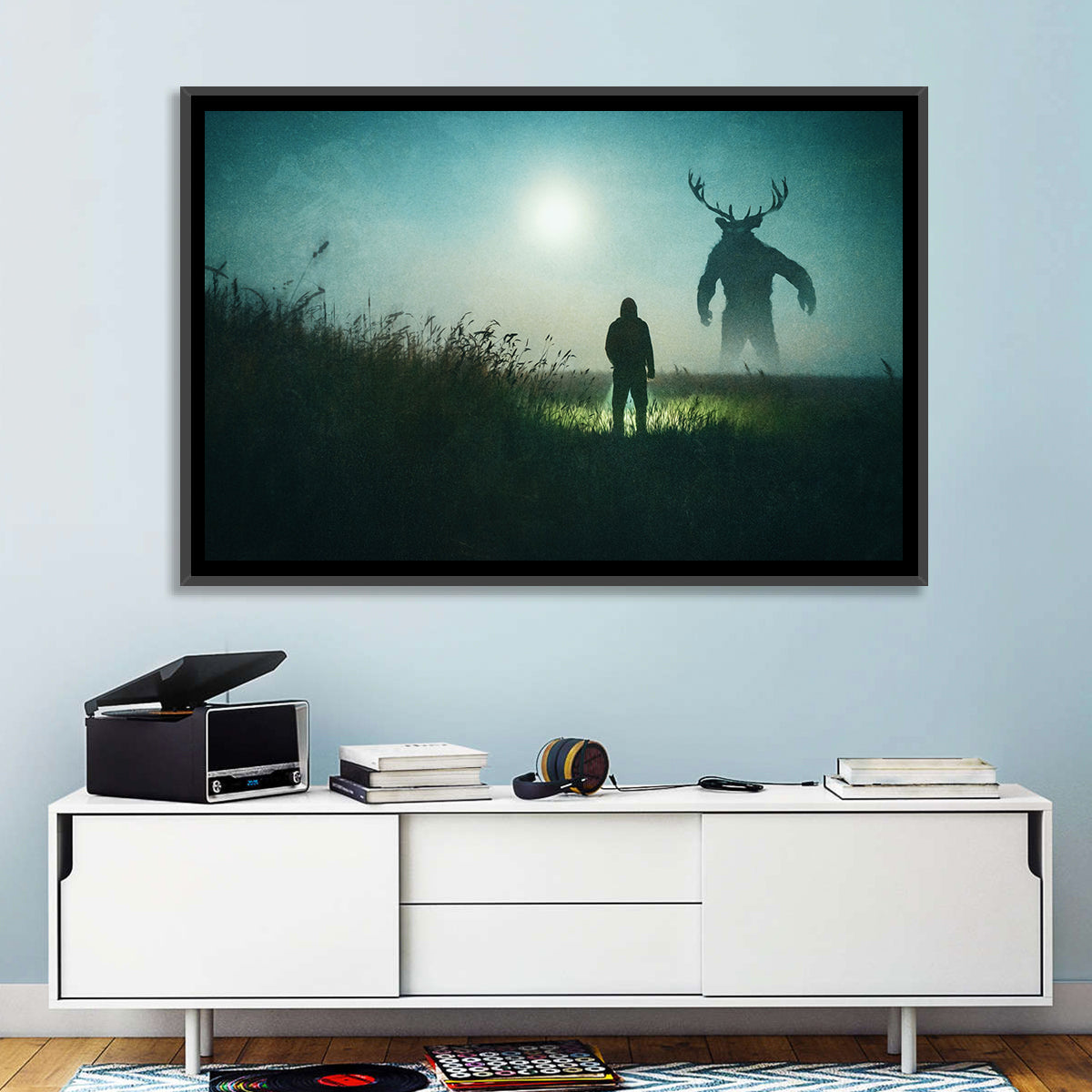 Antlered Shadow in Mist Wall Art in a room, landscape