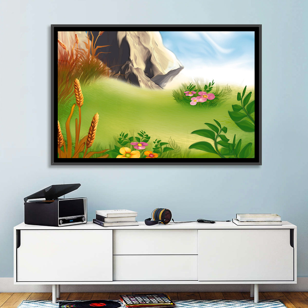 Sunny Mountain Meadow Illustration Wall Art in a room, landscape