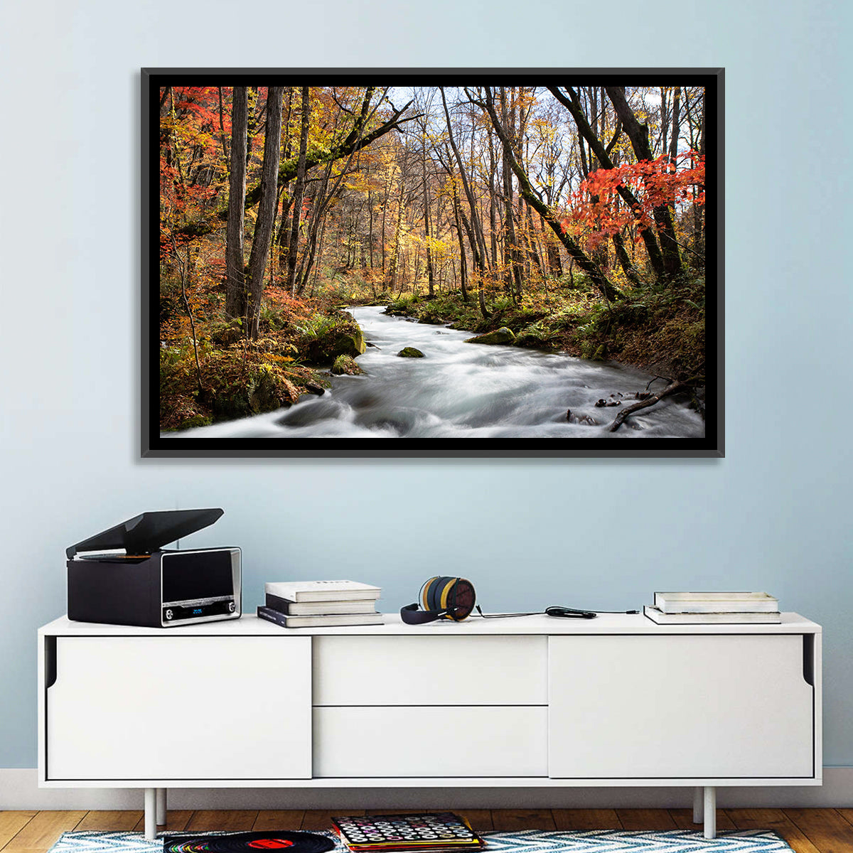Sunlit Forest Stream Wall Art in a room, landscape