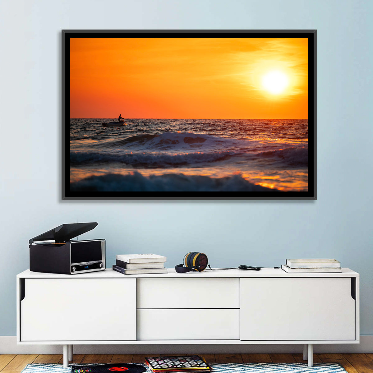 Sunset Fisherman Wall Art in a room, landscape