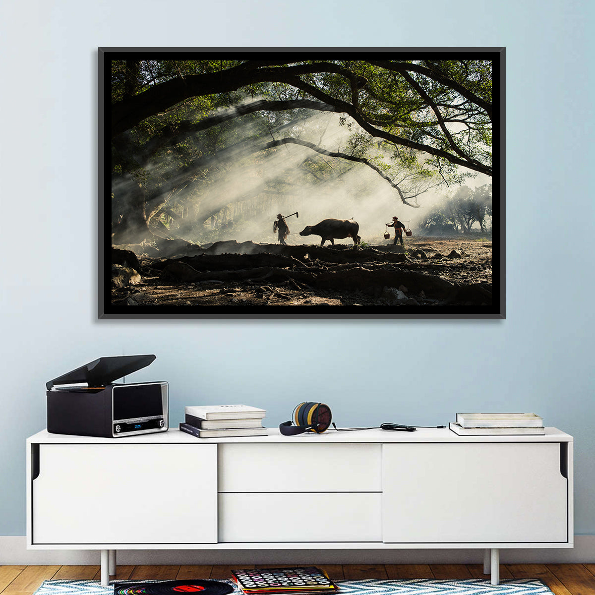 Village Morning with Buffalo Wall Art in a room, landscape
