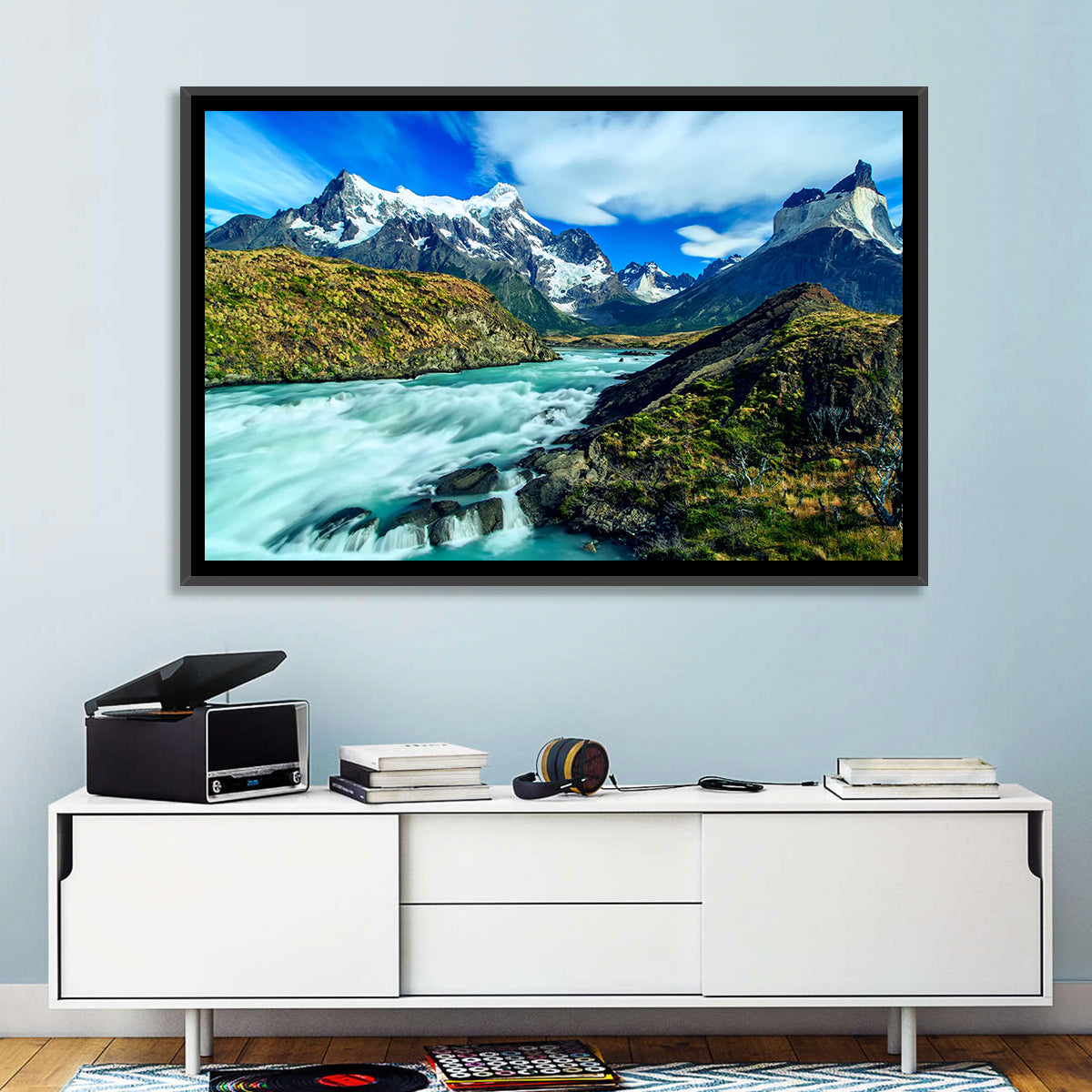 Torres Del Paine Glacier Stream Wall Art in a room, landscape