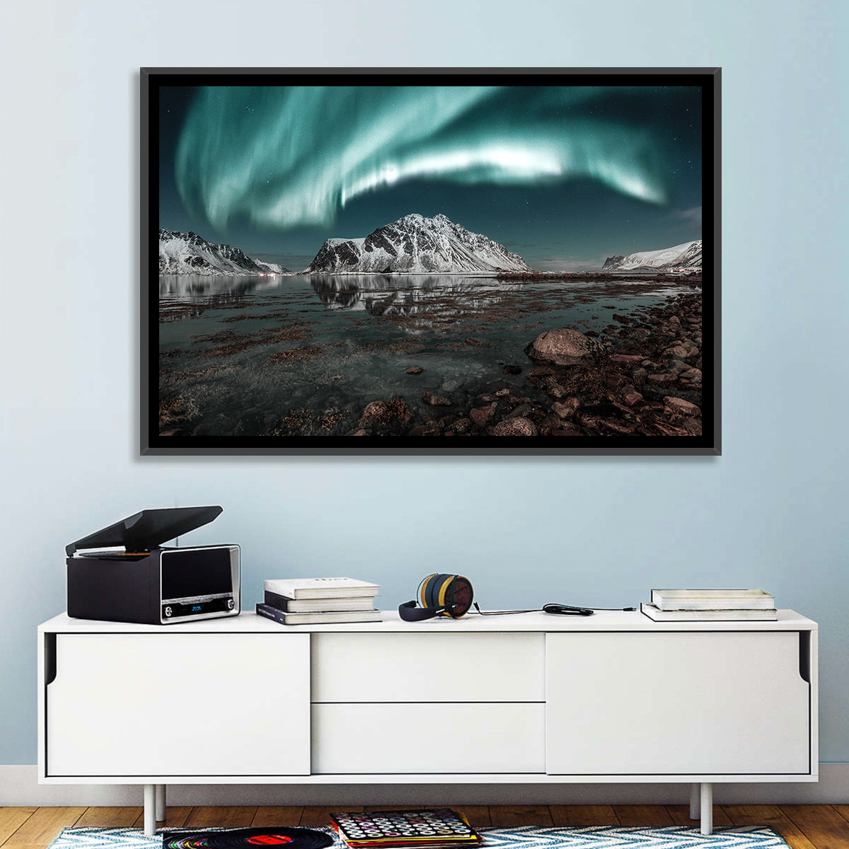 Lofoten Aurora Reflection Wall Art in a room, landscape