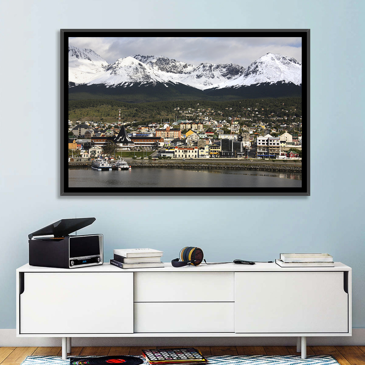 Ushuaia Harbor and Snowcapped Mountains Wall Art in a room, landscape