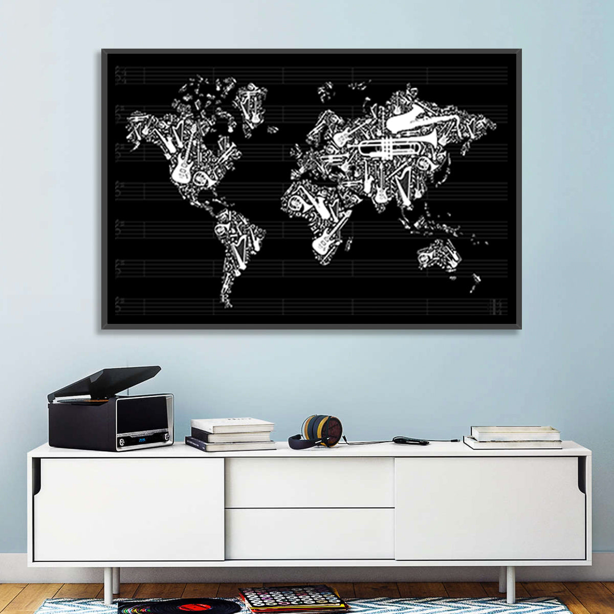 Instrument Silhouette World Map Wall Art in a room, landscape