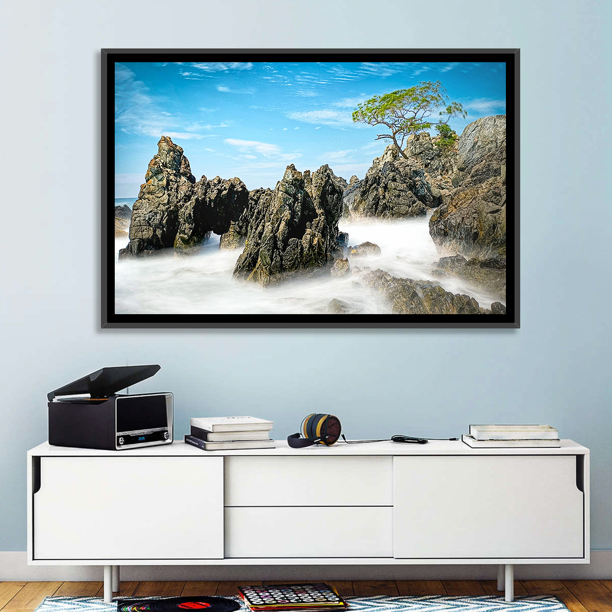 Karang Bebay Misty Shore Wall Art in a room, landscape
