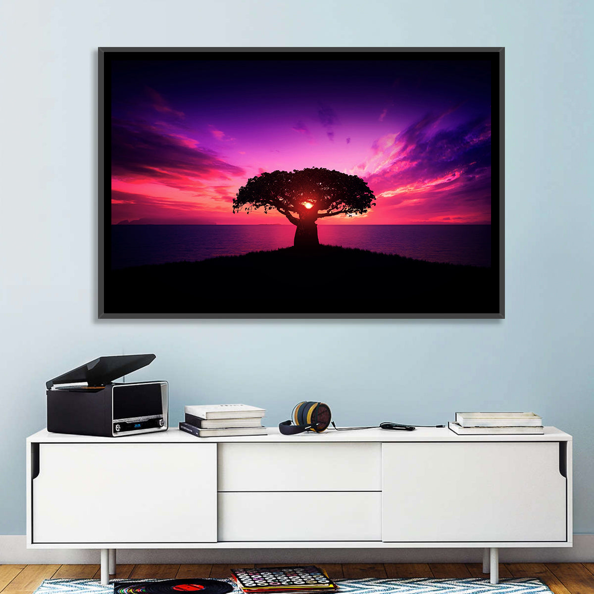Baobab Sunset Silhouette Wall Art in a room, landscape