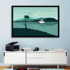 Teal Lake Boat with Palm Tree Wall Art