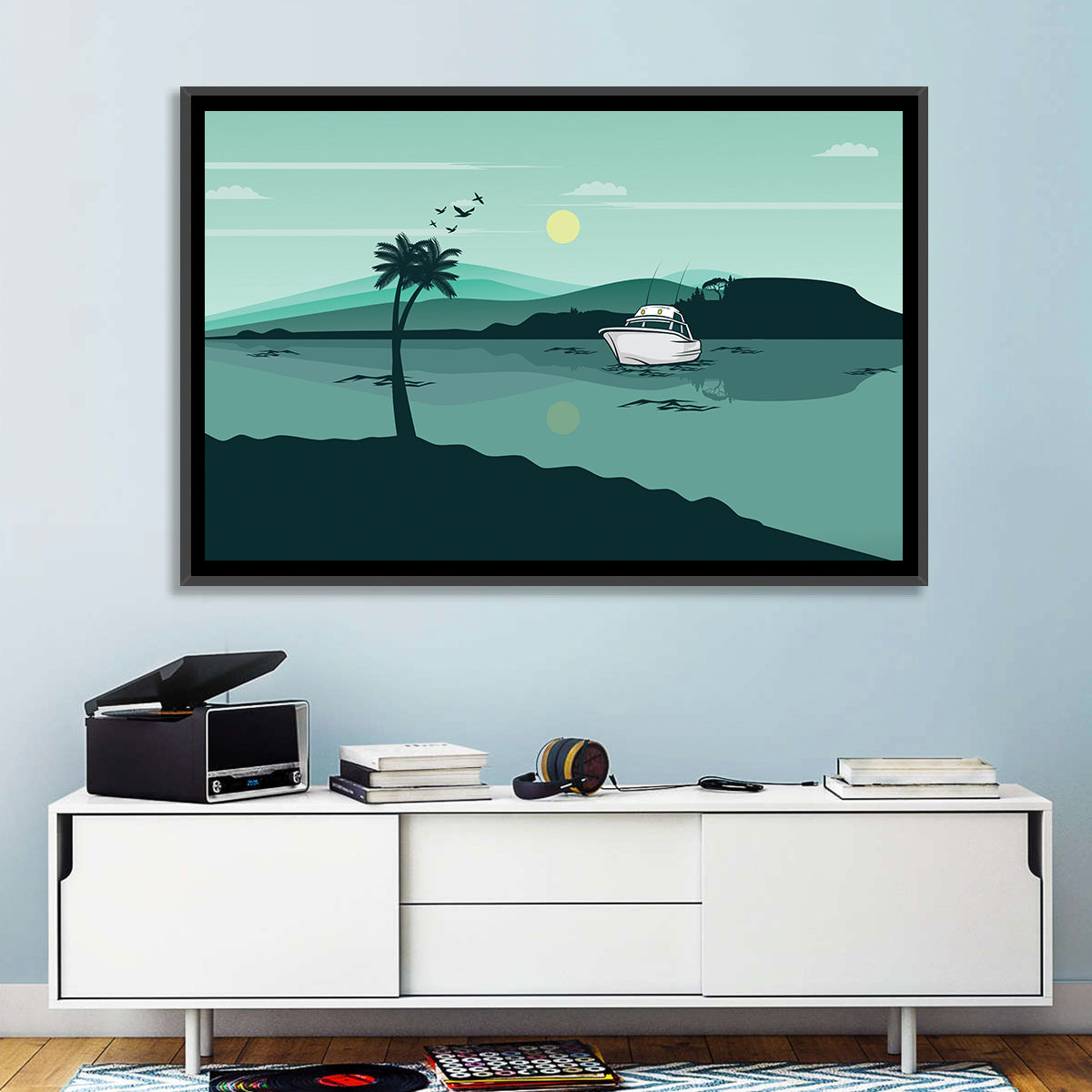 Teal Lake Boat with Palm Tree Wall Art