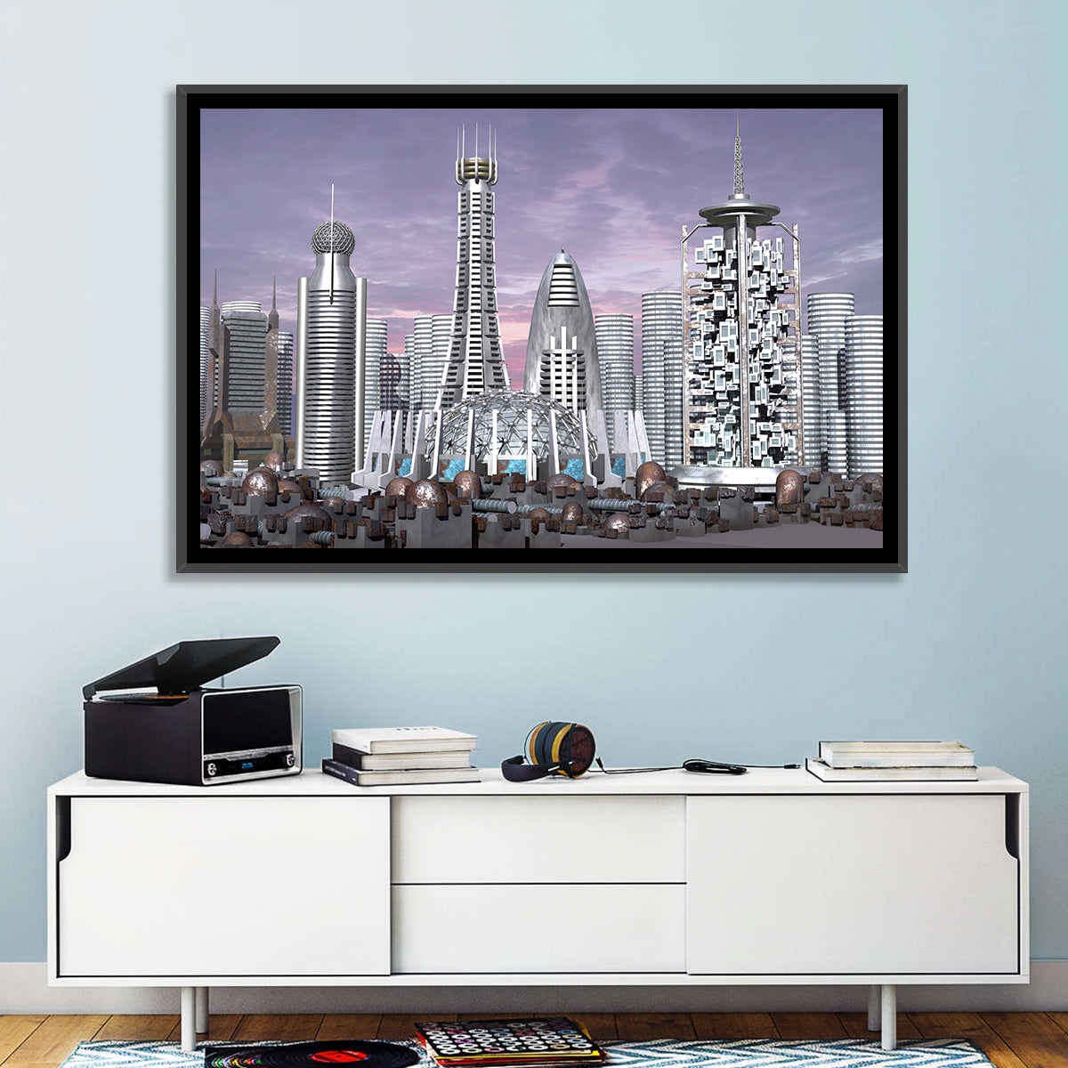 Purple Dusk Futuristic Cityscape Wall Art