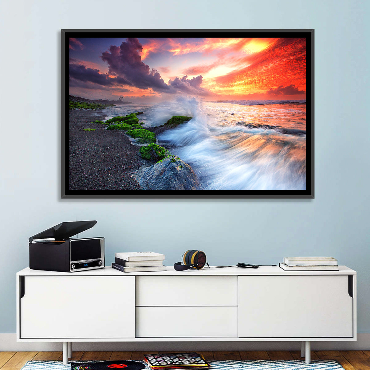 Ocean Waves Under Burning Sky Wall Art in a room, landscape