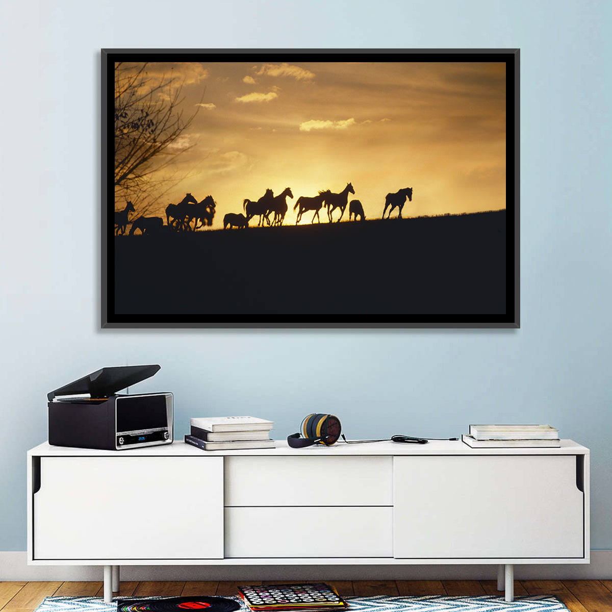 Mustang Silhouettes at Sunset Wall Art in a room, landscape
