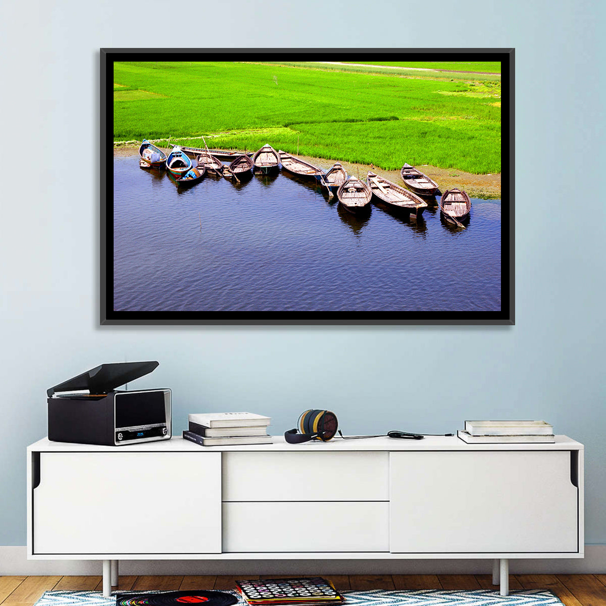 Boats at the Shoreline Wall Art in a room, landscape
