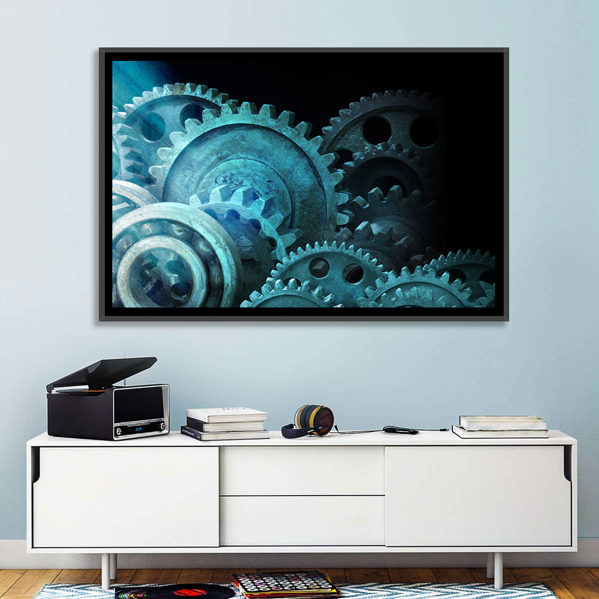 Teal and Steel Cogwheel Close-up Wall Art in a room, landscape