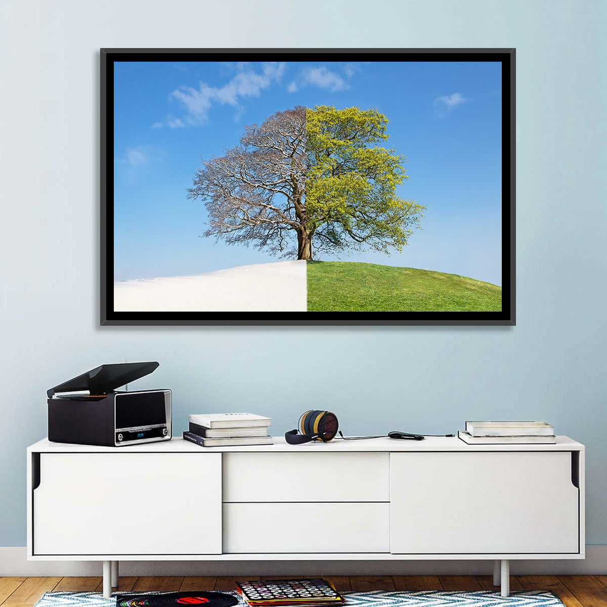 Split Season Tree Landscape Wall Art in a room, landscape
