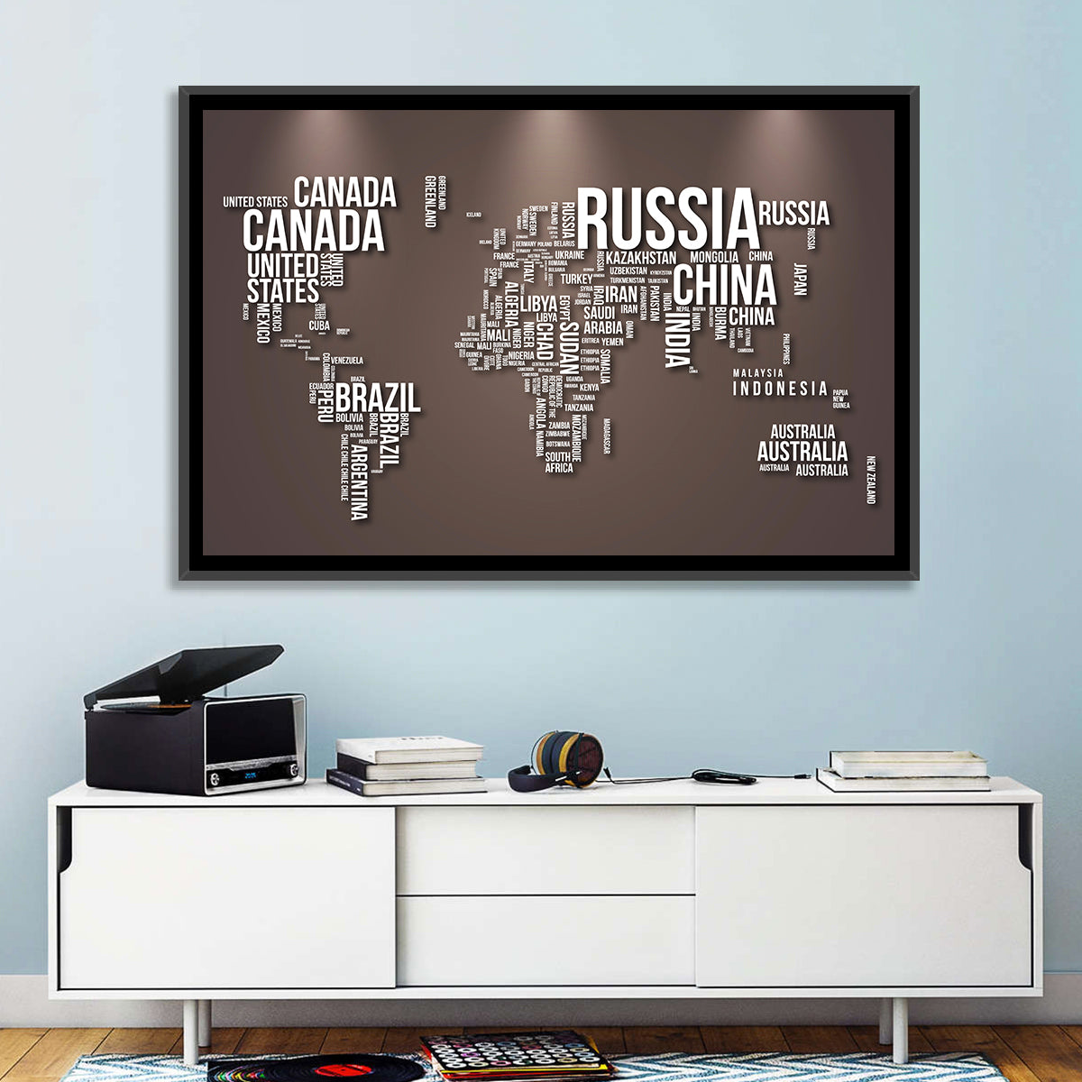 World Map Typography in Brown and White Wall Art in a room, landscape