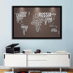 World Map Typography in Brown and White Wall Art