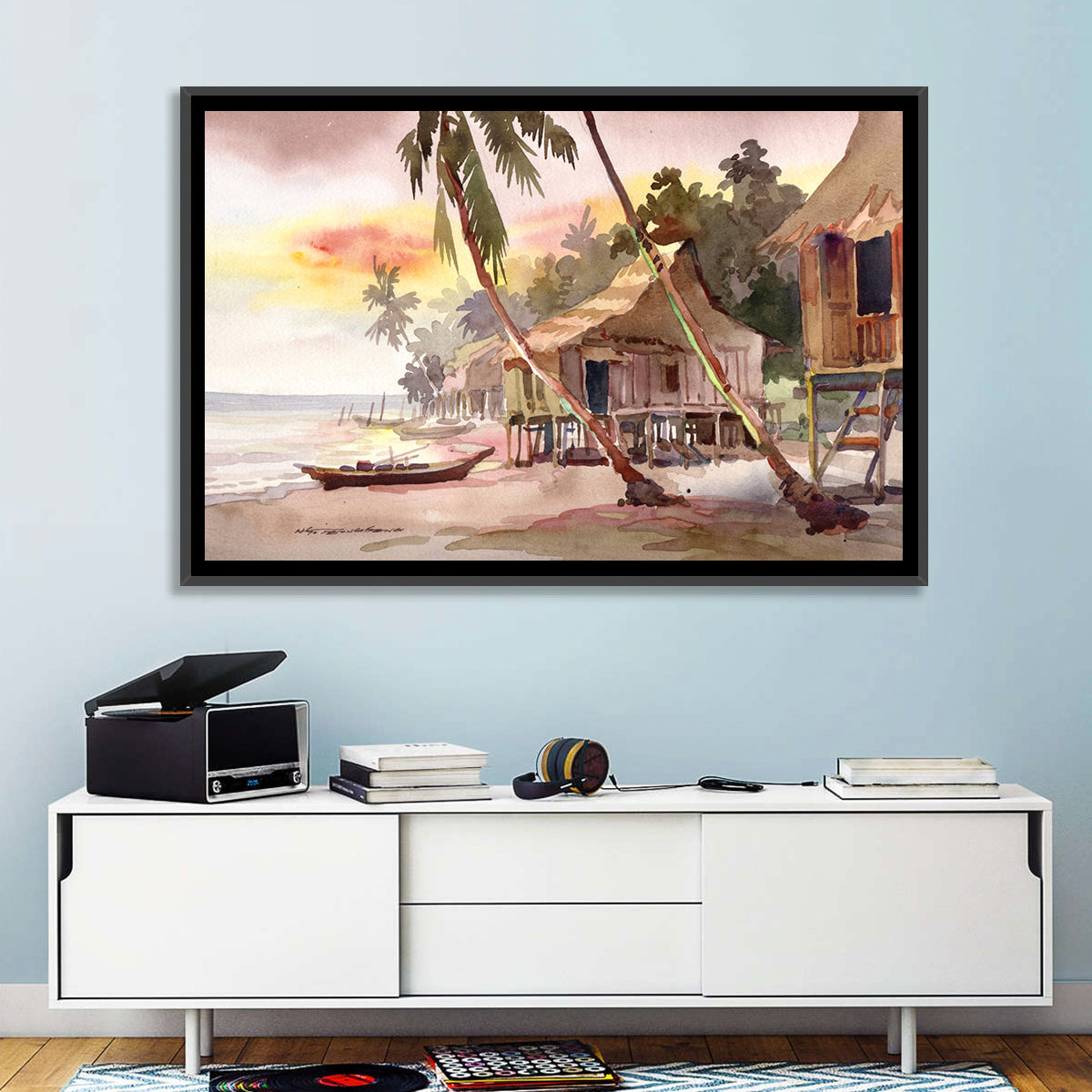 Malaysian Coastal Village at Sunset Wall Art in a room, landscape