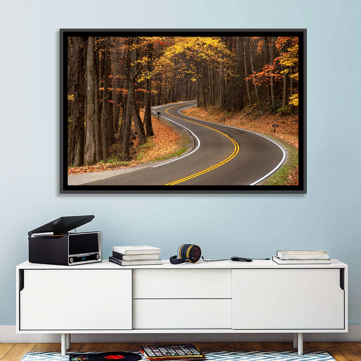 S-curve Road Through Autumn Forest Wall Art in a room, landscape