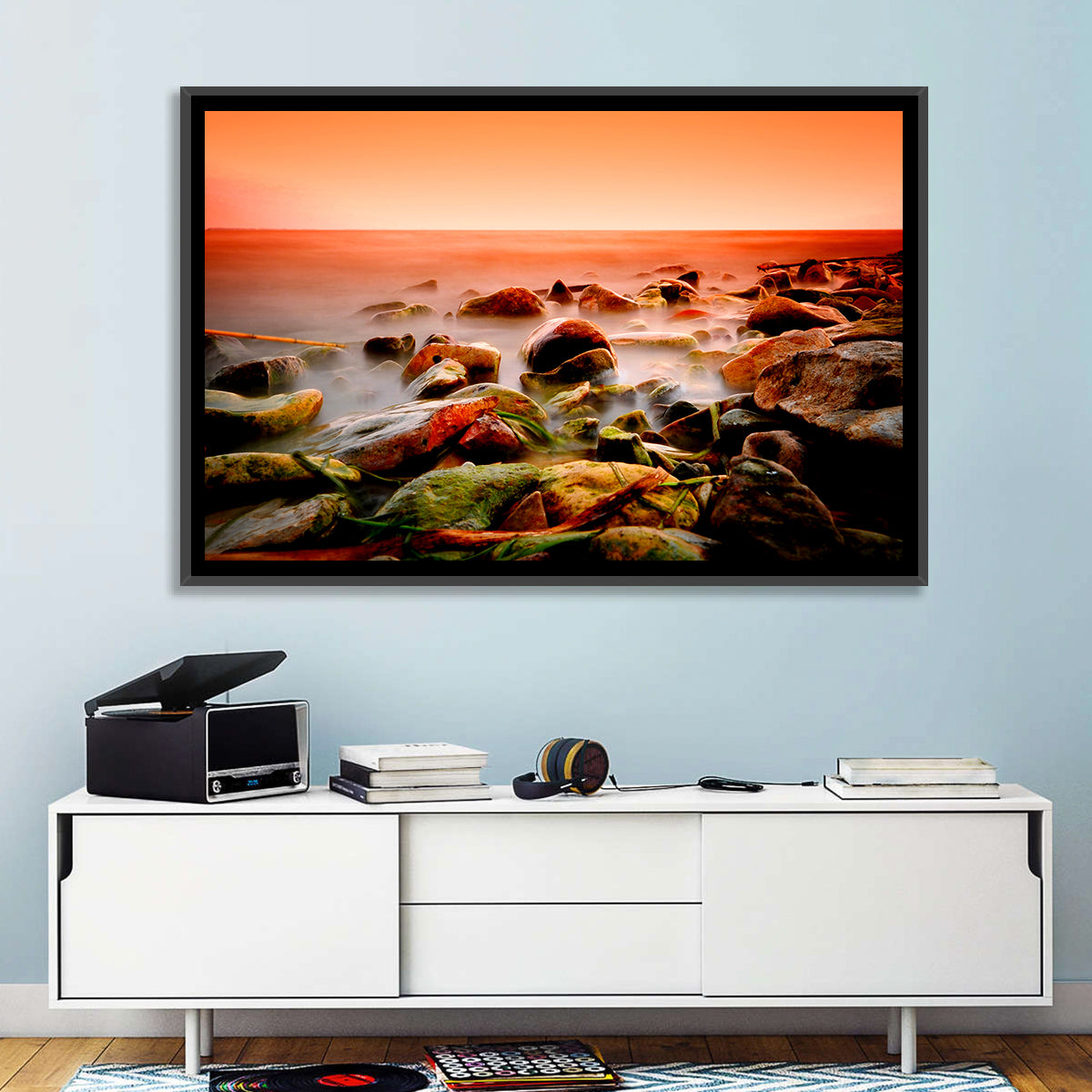 Lake Shore Sunset Wall Art in a room, landscape