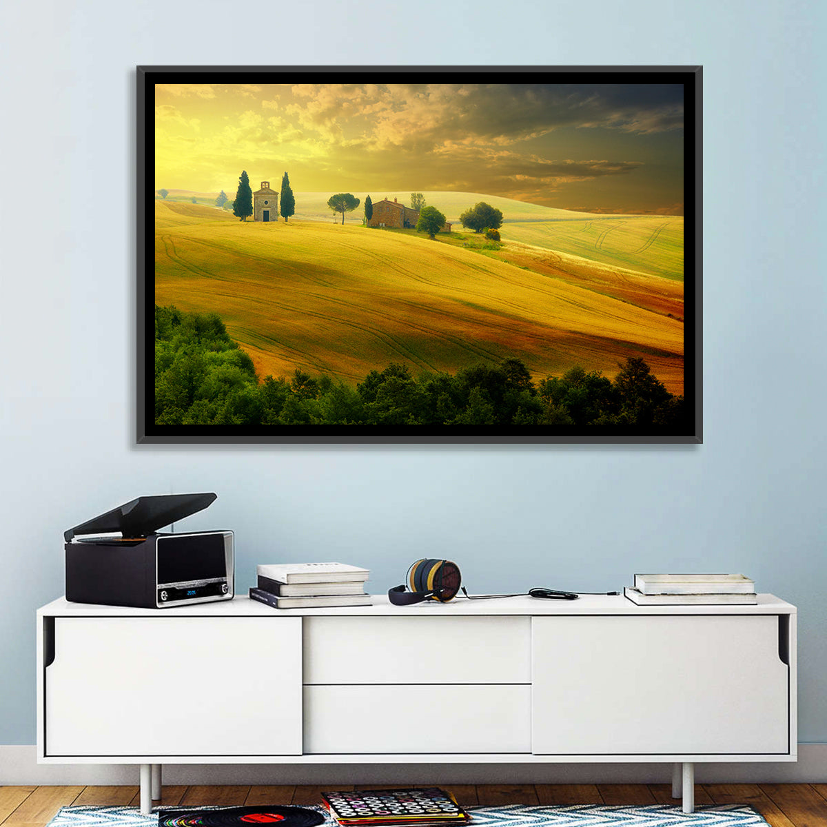 Tuscany Golden Hour Landscape Wall Art in a room, landscape