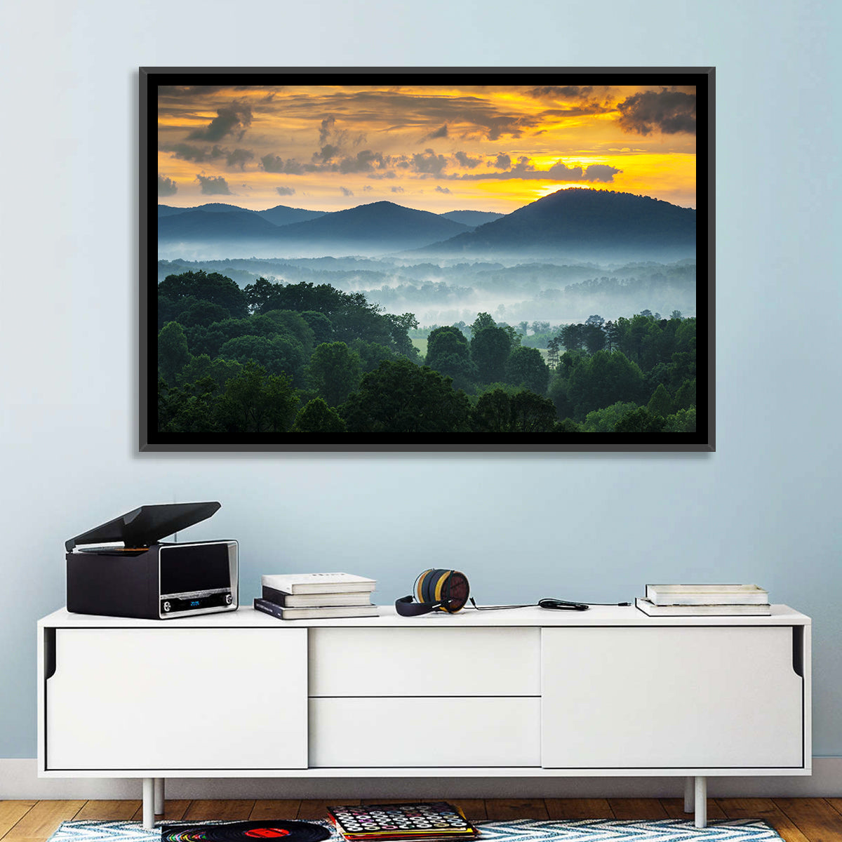 Blue Ridge Mountains Asheville Sunset Wall Art in a room, landscape