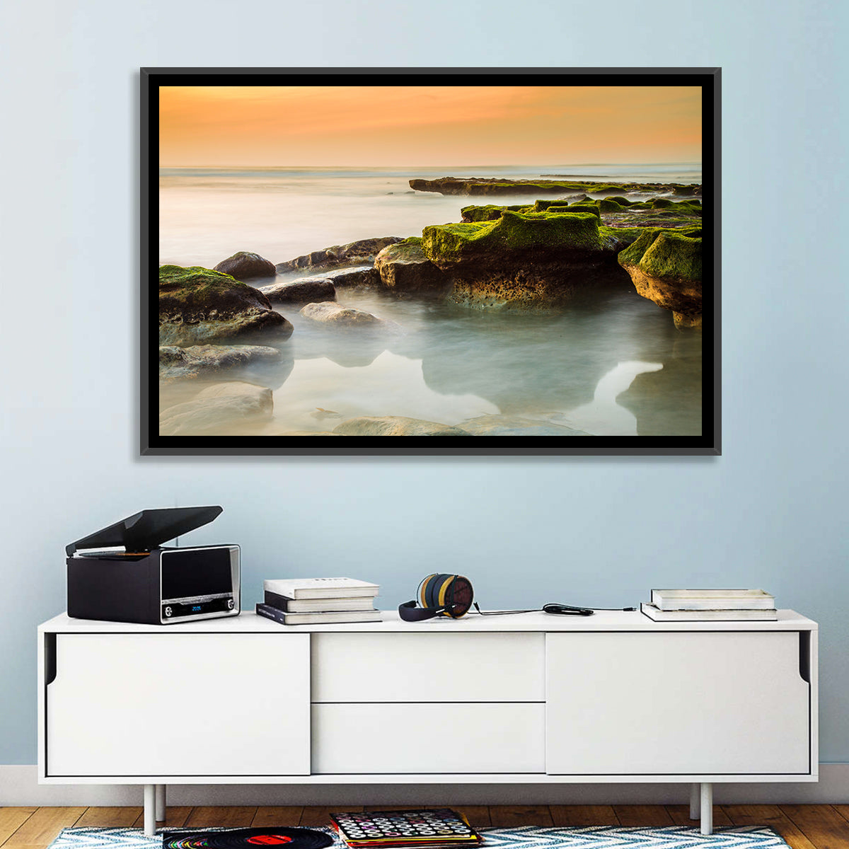 Mossy Rocky Coastline at Golden Hour Wall Art